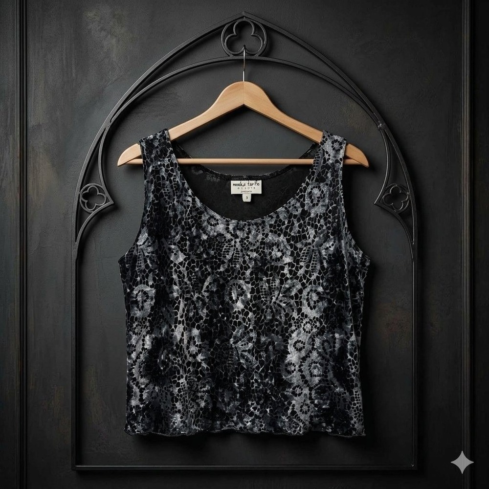 Monika Turtle Studio Womens Small Burnout Velvet Mesh Lace Tank Top Black Grey